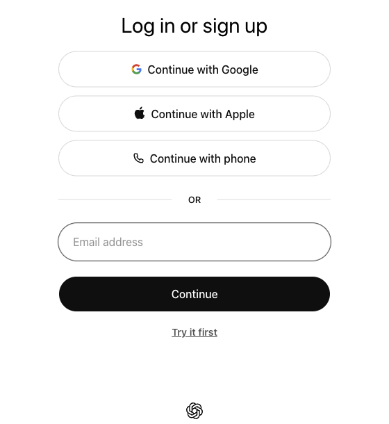 ChatGPT entry screen showing sign-in options, email field, Continue button, and Try it first link.