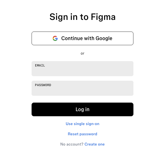Figma sign-in screen reached from figjam.new, showing Google sign-in, email and password fields, Log in button, and account creation link.
