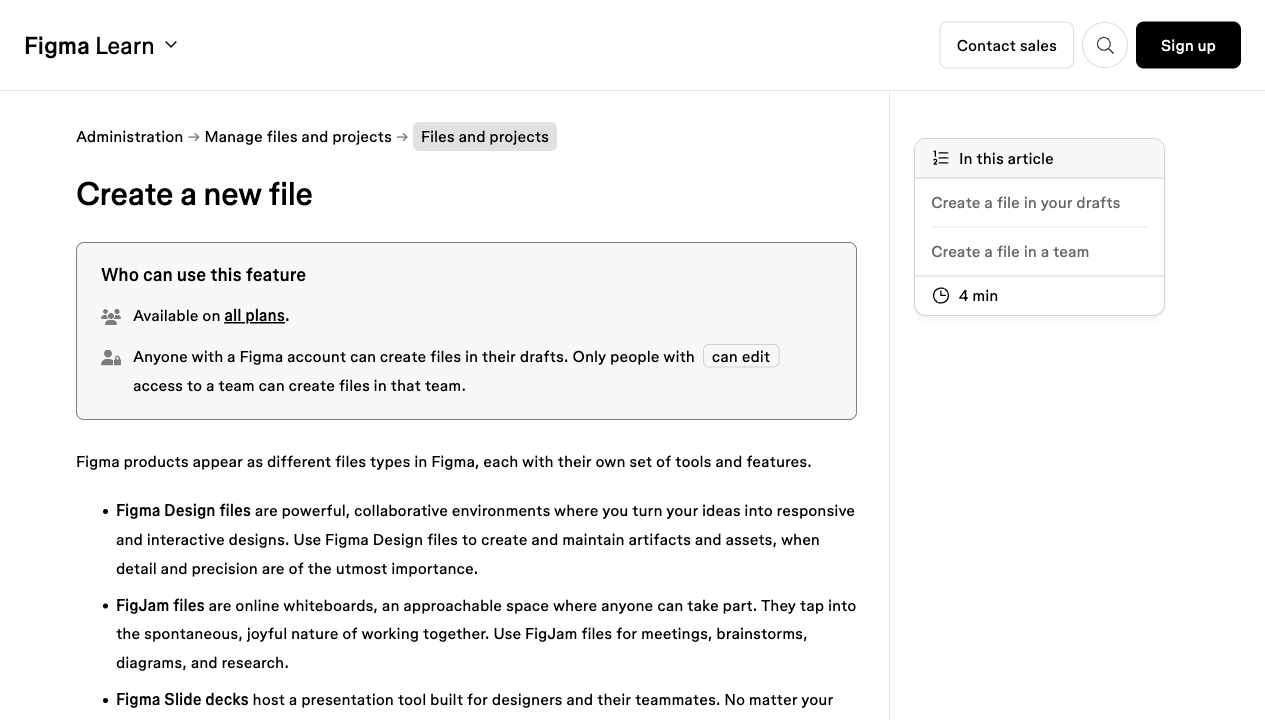 Figma Learn page titled Create a new file, explaining Figma Design, FigJam, and file creation.
