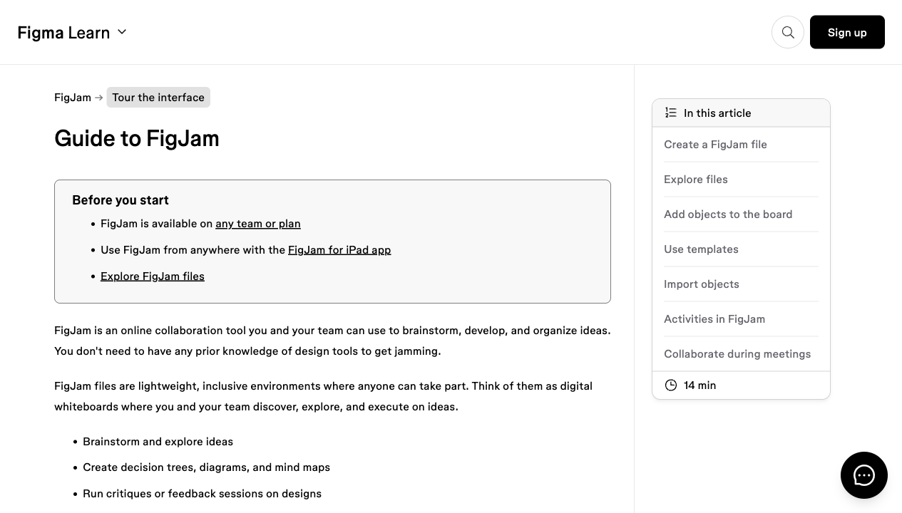 Figma Learn page titled Guide to FigJam, introducing FigJam as an online collaboration whiteboard.