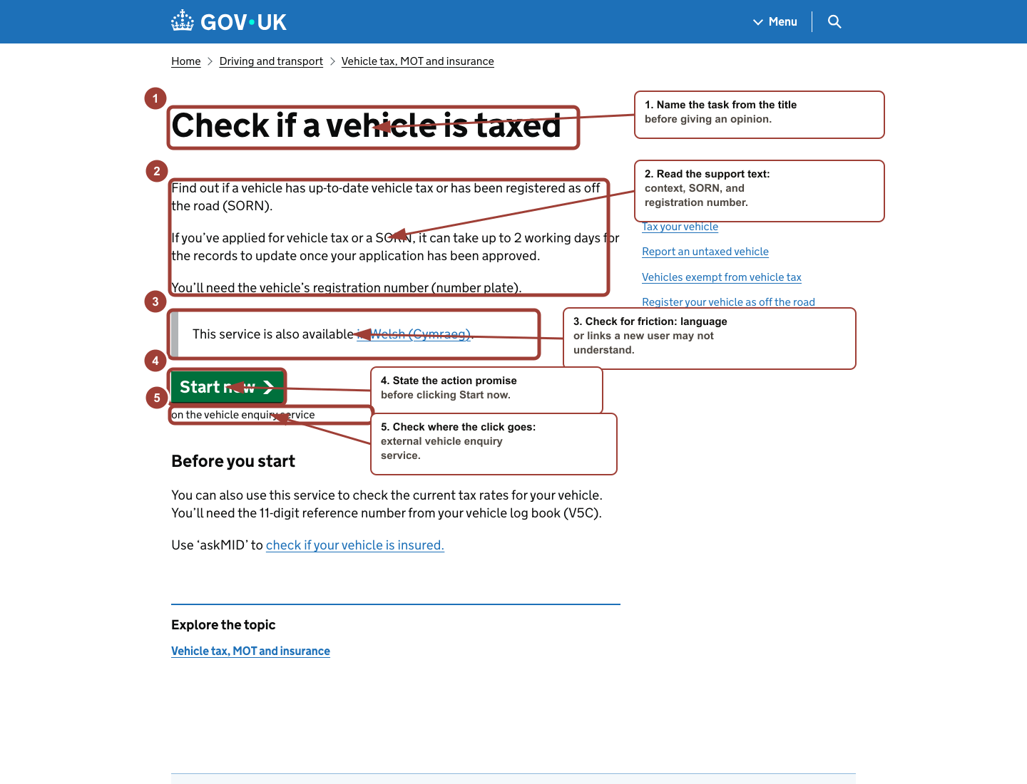 Annotated GOV.UK Check if a vehicle is taxed start page showing what to observe before judging the Start now action.