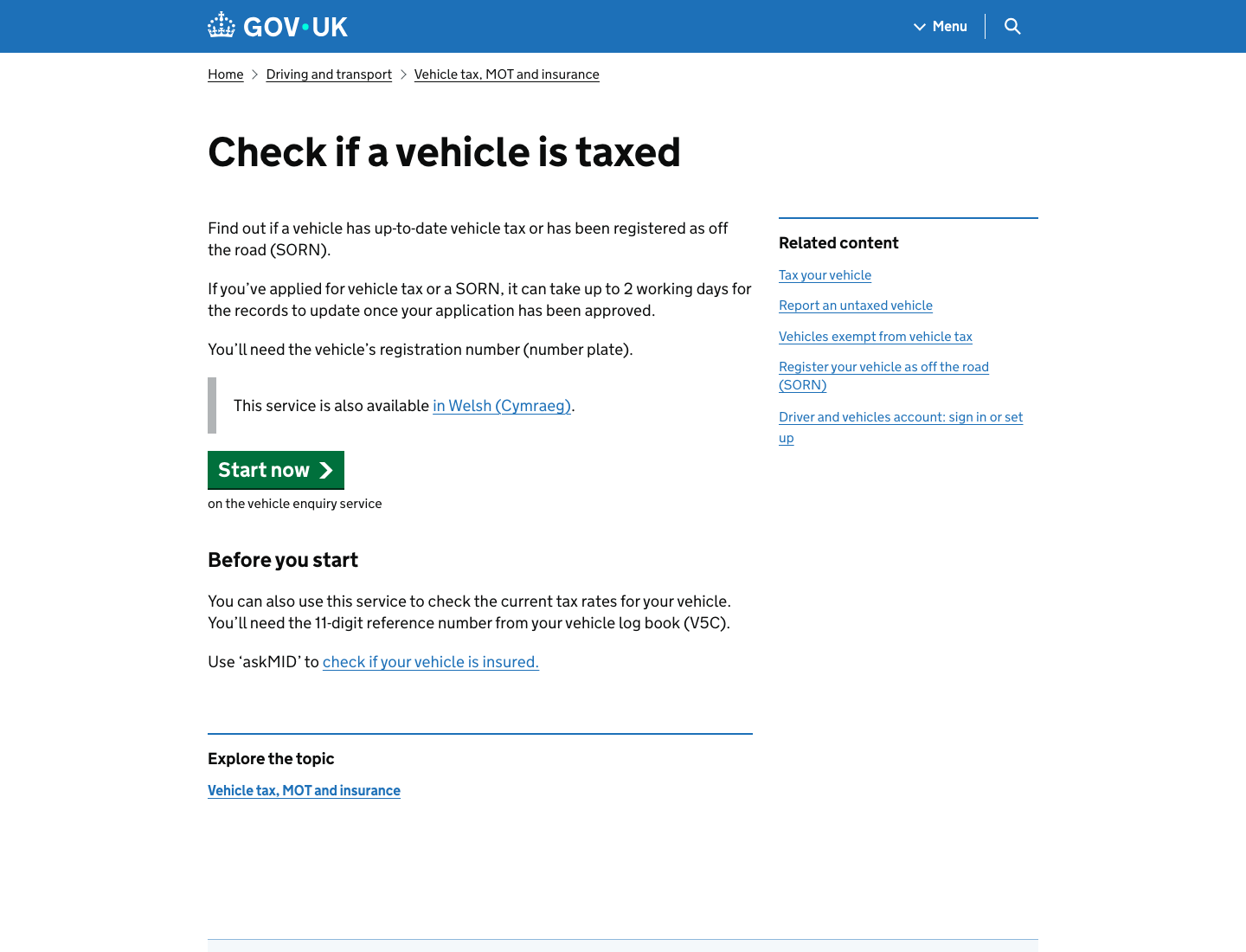 Desktop screenshot of the GOV.UK Check if a vehicle is taxed start page showing title, prerequisite copy, and Start now button.
