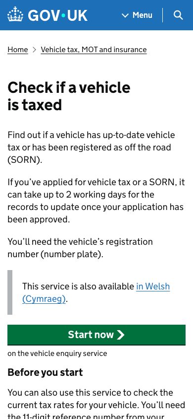 Mobile screenshot of the GOV.UK Check if a vehicle is taxed start page showing a full-width Start now button.