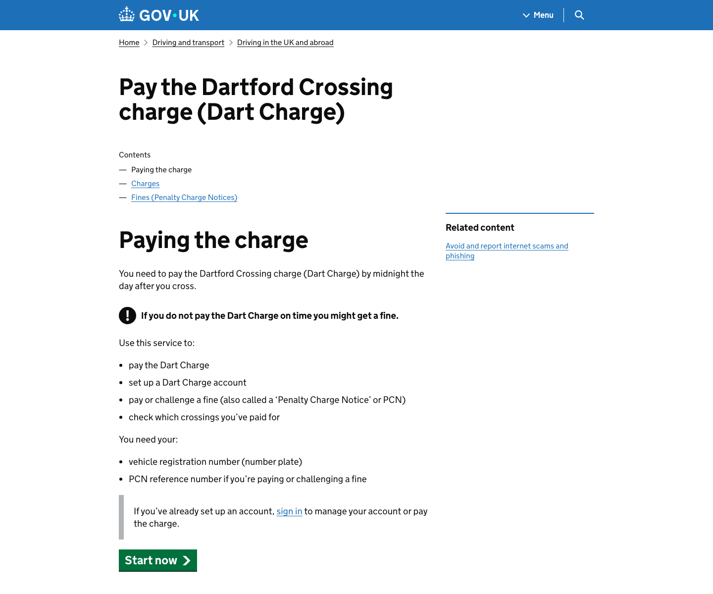 Desktop screenshot of the GOV.UK Dart Charge payment page showing deadline, fine warning, service scope, required information, sign-in option, and Start now button.