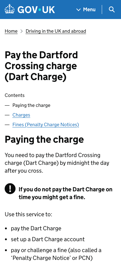 Mobile screenshot of the GOV.UK Dart Charge payment page showing title, contents, deadline, fine warning, and service scope before the action.