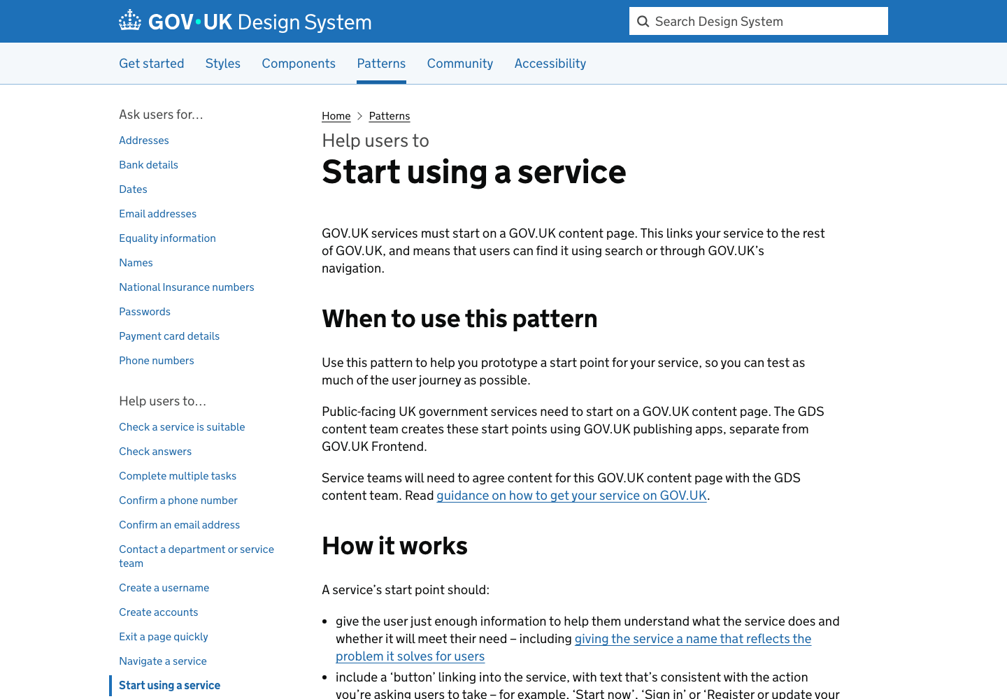 Desktop screenshot of the GOV.UK Design System pattern page titled Start using a service.
