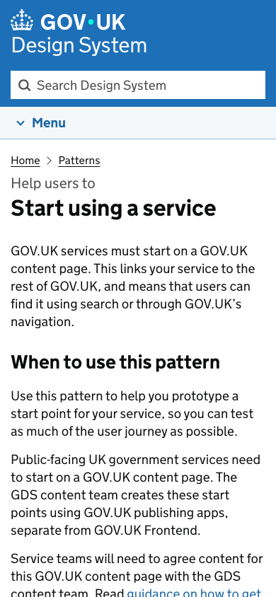 Mobile screenshot of the GOV.UK Design System pattern page titled Start using a service.