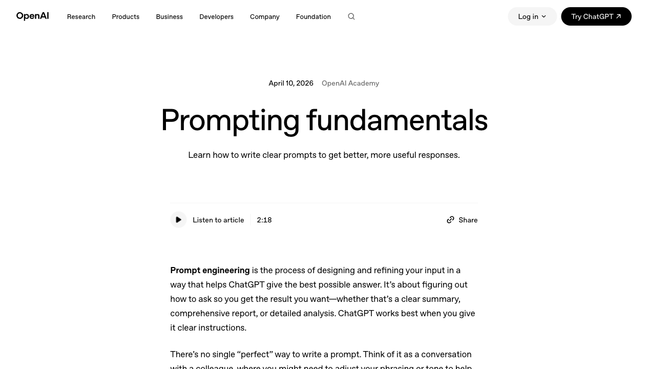 OpenAI Academy page titled Prompting fundamentals, explaining how to write clear prompts for useful responses.